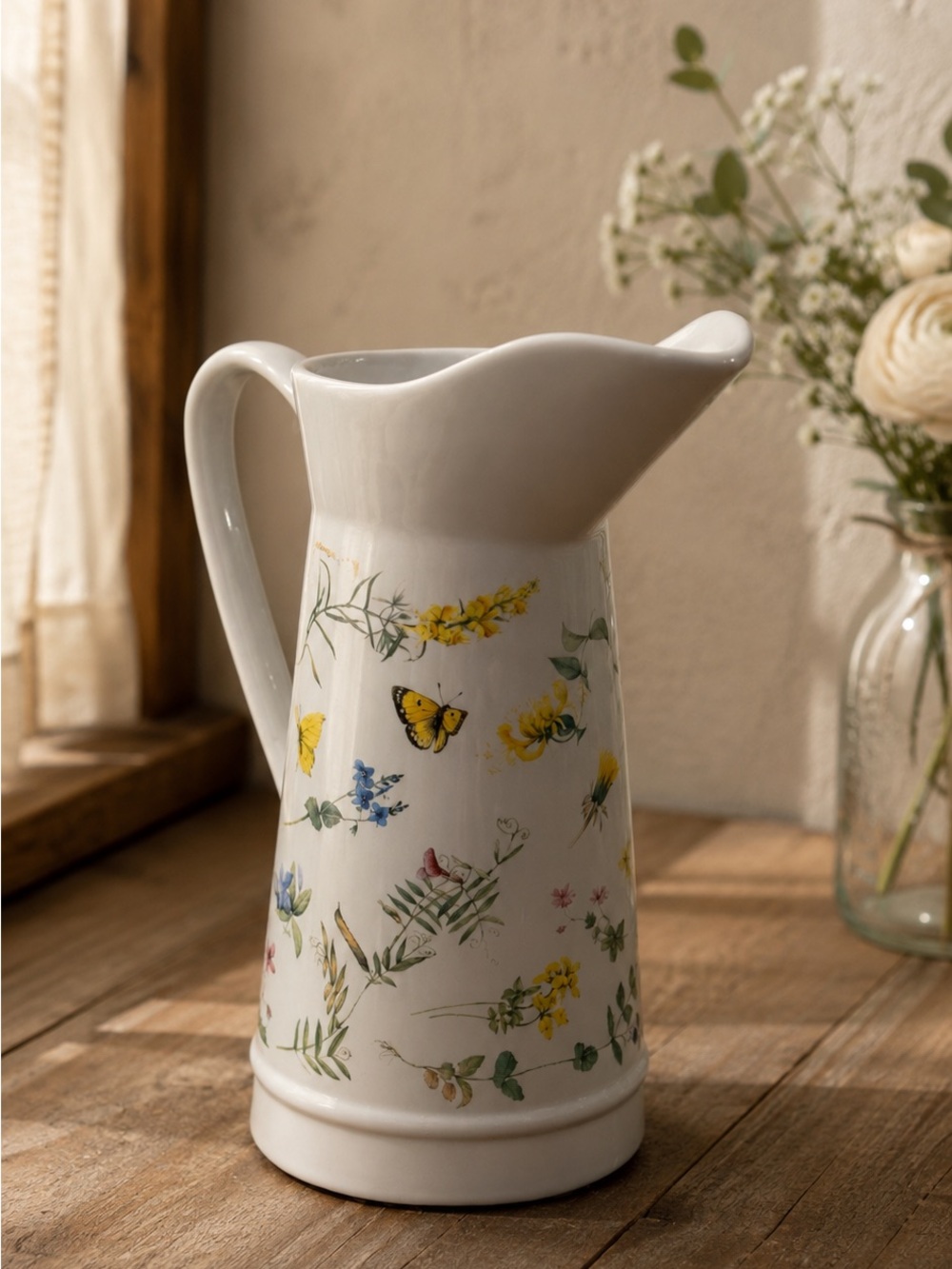 Marjolein Bastin Hallmark Ceramic Floral Pitcher Butterfly Wildflower Vase 1999 - Picture 2 of 4